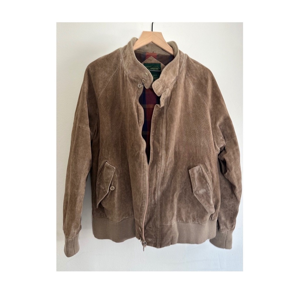 Neil Martin Vintage Suede Leather Bomber Jacket Tan Plaid Lined Mens Collegiate